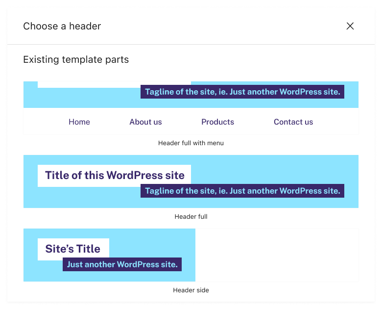 Modal titled "Choose a header", listing the options in a list called "Existing template parts"