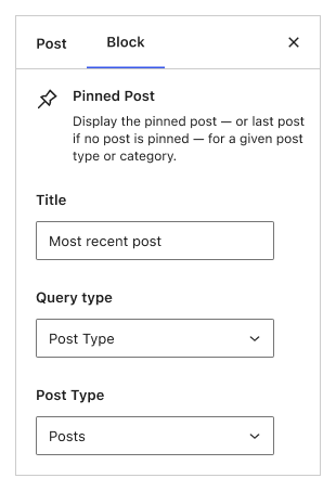 A screenshot of the custom block I made with the two selects, one for "Query type" and the other for the options chosen in the first one — either "Post type" or "Category".
