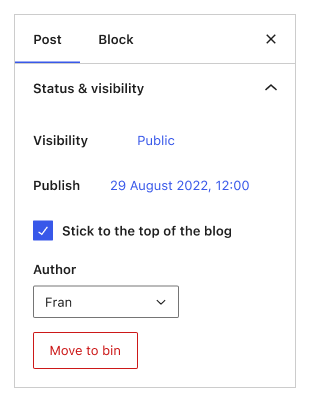 Screenshot of the Status and visibility section of a post, where a checkbox with the label "Stick to the top of the blog" can be selected